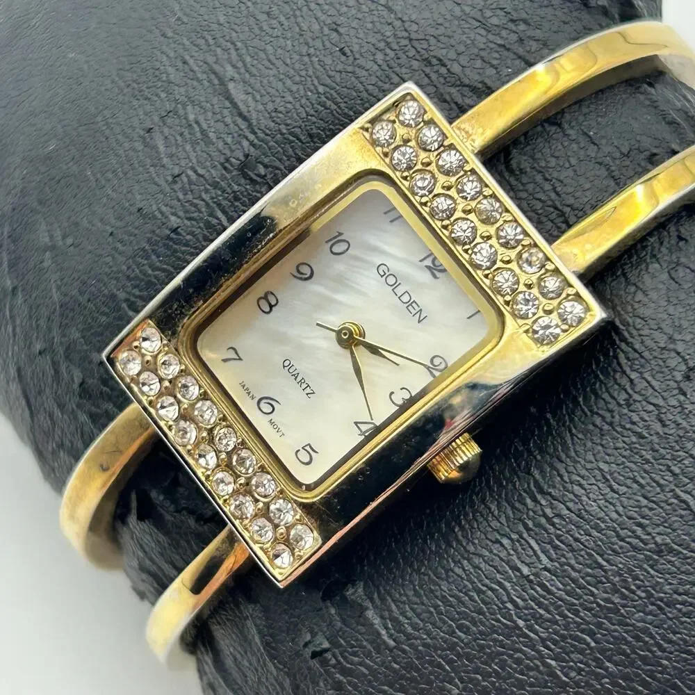 Vintage Golden Gold-tone Mother Pearl Bangle Quartz Watch Working New Battery